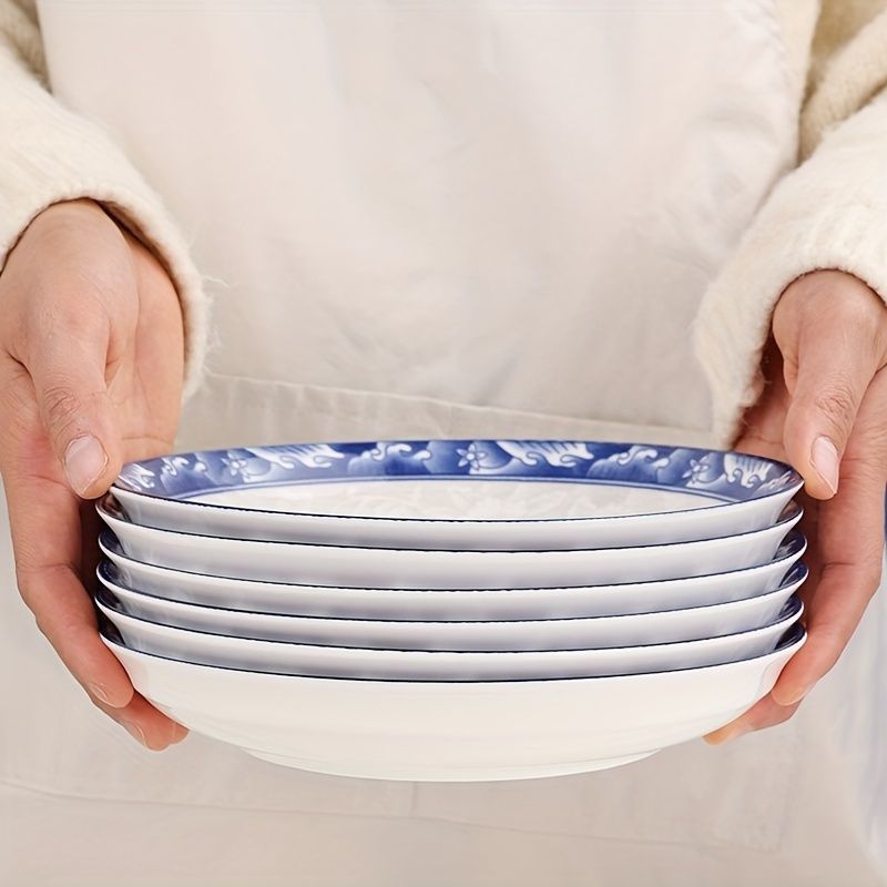 blue-and-white porcelain plate, 8.2-inch ceramic plate, floral design plate, microwave safe plate, Chinese style plate, festive dining plate, traditional Chinese porcelain, round ceramic plate, gift idea, elegant tableware - Cyan - Size 6pcs