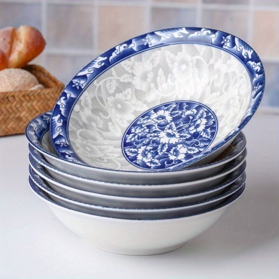 blue and white porcelain bowl, soup bowl, noodle bowl, ceramic bowl, large bowl, tableware, Australian home, dinnerware set, traditional design, durable ceramic - Cyan - Size 4pcs