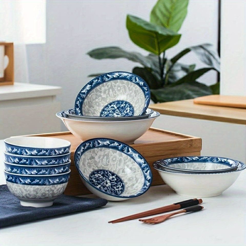 blue and white porcelain bowl, soup bowl, noodle bowl, ceramic bowl, large bowl, tableware, Australian home, dinnerware set, traditional design, durable ceramic - Cyan - Size 4pcs