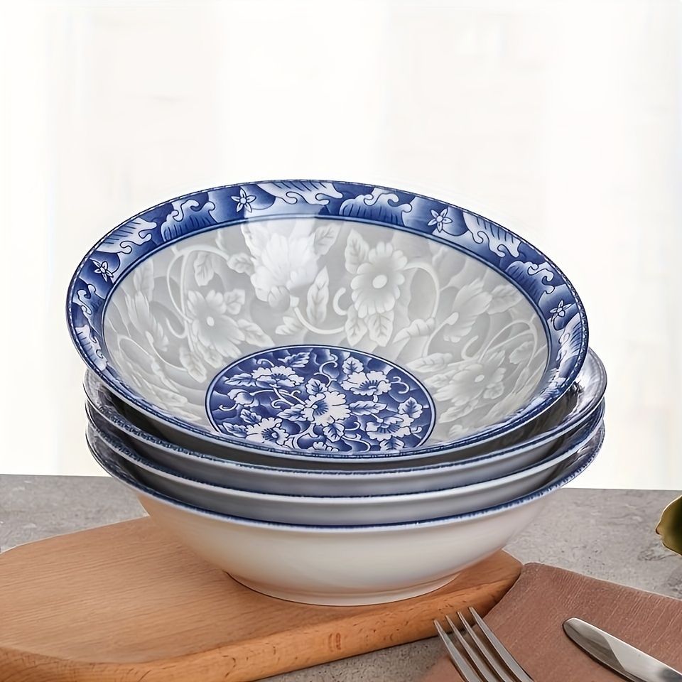 blue and white porcelain bowl, soup bowl, noodle bowl, ceramic bowl, large bowl, tableware, Australian home, dinnerware set, traditional design, durable ceramic - Cyan - Size 4pcs