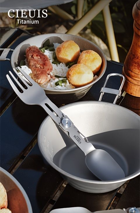 CIEUI Folding Titanium Spoon Fork Set - Lightweight Camping Cutlery V1102-122-BLA-16782