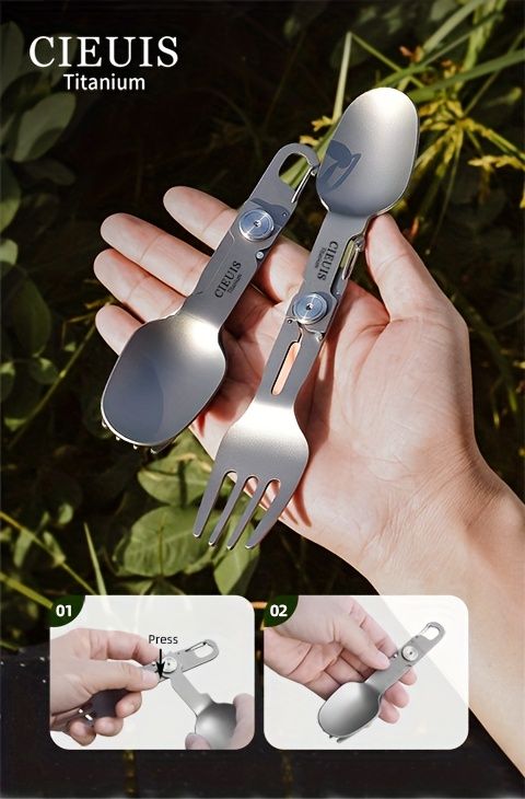 CIEUI Folding Titanium Spoon Fork Set - Lightweight Camping Cutlery V1102-122-BLA-16782