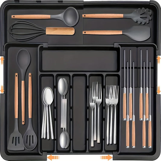 kitchen utensil set, organizer tray, wooden look handles, stainless steel utensils, heat resistant kitchen V1102-122-BLA-68766