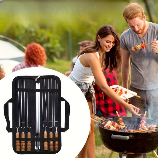 BBQ skewer set, outdoor barbecue Australia, stainless steel skewers, wooden handle skewers, portable skewer V1102-122-BLA-83454
