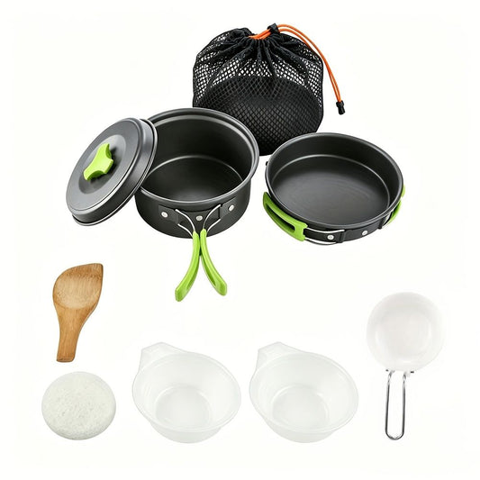 Black outdoor camping cookware, camping pots and pans, outdoor cooking utensils, compact cookware set, V1102-122-SIL-03947