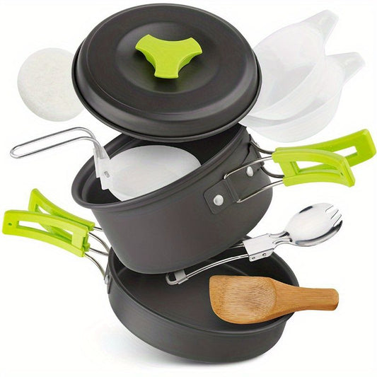 Black outdoor camping cookware, camping pots and pans, outdoor cooking utensils, compact cookware set, V1102-122-SIL-03947