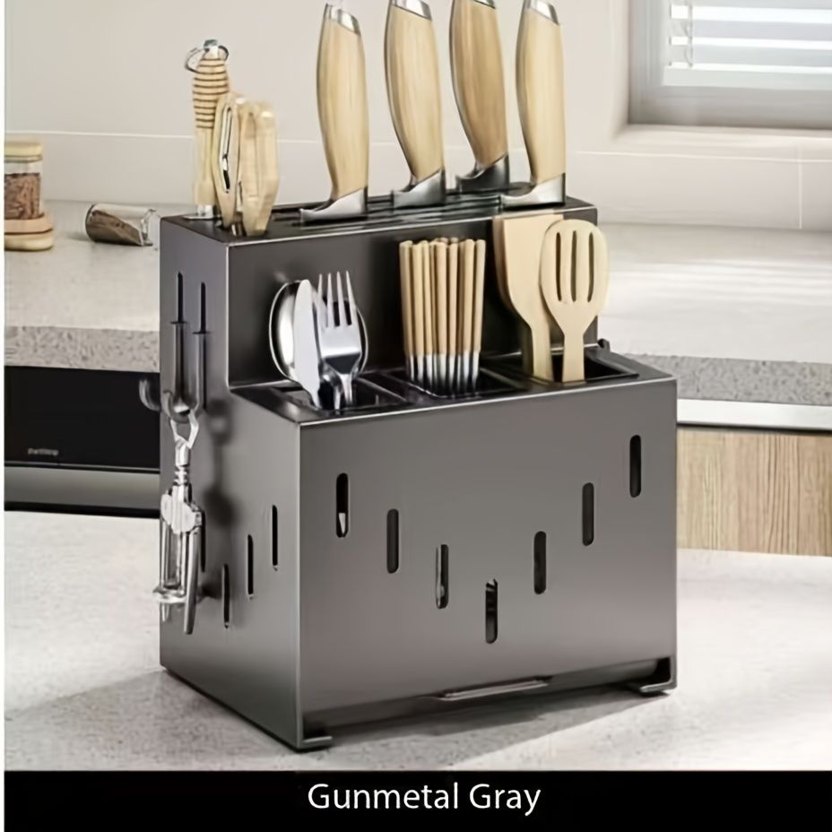 Gray kitchen knife storage rack, kitchen utensils organizer, knife holder, kitchen storage solution, V1102-122-WHI-04882