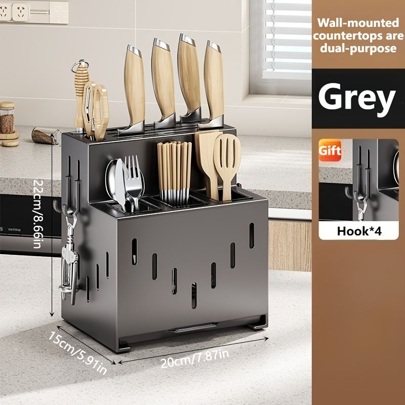 Gray kitchen knife storage rack, kitchen utensils organizer, knife holder, kitchen storage solution, V1102-122-WHI-04882