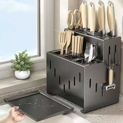 Gray kitchen knife storage rack, kitchen utensils organizer, knife holder, kitchen storage solution, V1102-122-WHI-04882