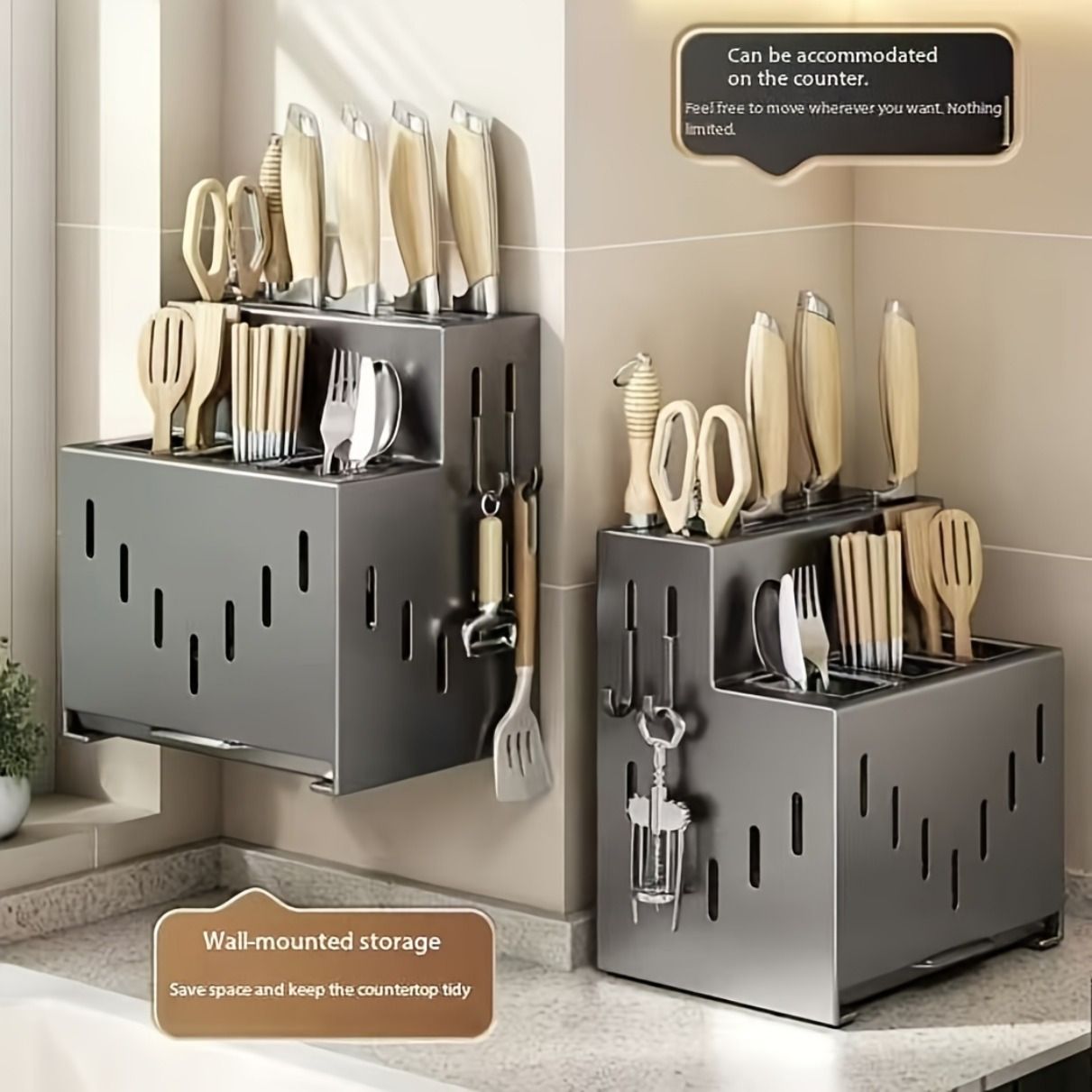 Gray kitchen knife storage rack, kitchen utensils organizer, knife holder, kitchen storage solution, V1102-122-WHI-04882