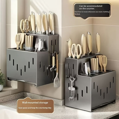Gray kitchen knife storage rack, kitchen utensils organizer, knife holder, kitchen storage solution, V1102-122-WHI-04882