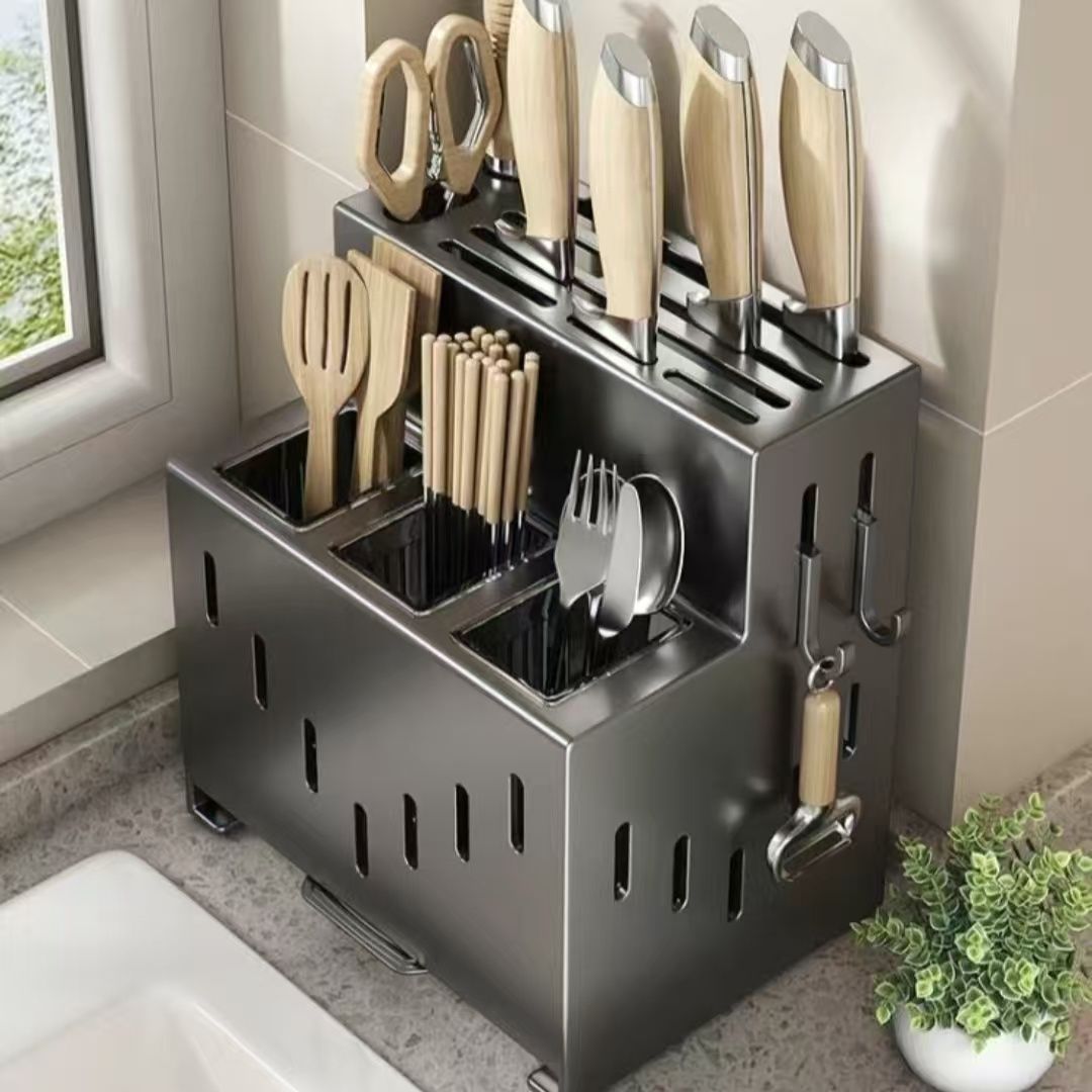 Gray kitchen knife storage rack, kitchen utensils organizer, knife holder, kitchen storage solution, V1102-122-WHI-04882