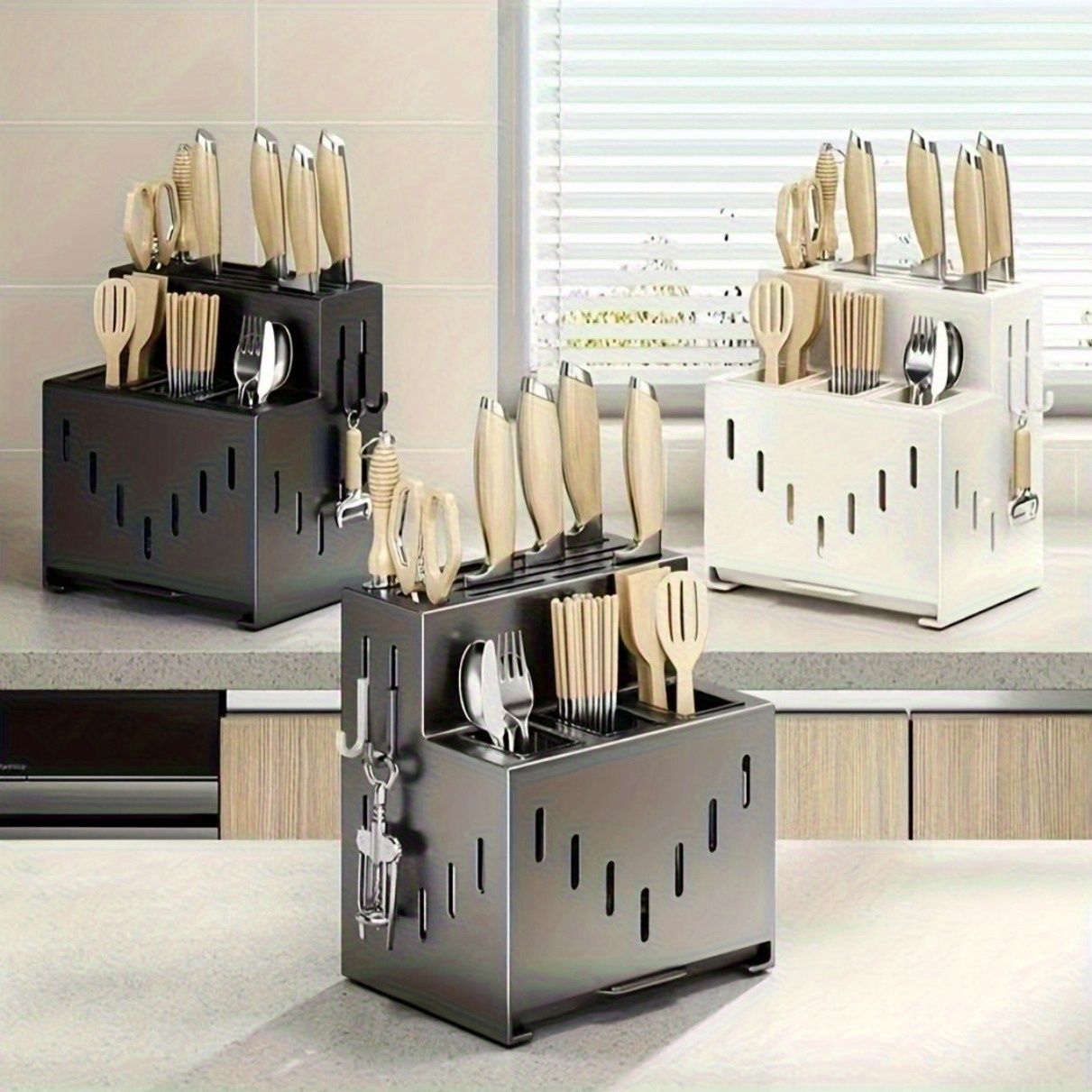 Gray kitchen knife storage rack, kitchen utensils organizer, knife holder, kitchen storage solution, V1102-122-WHI-04882