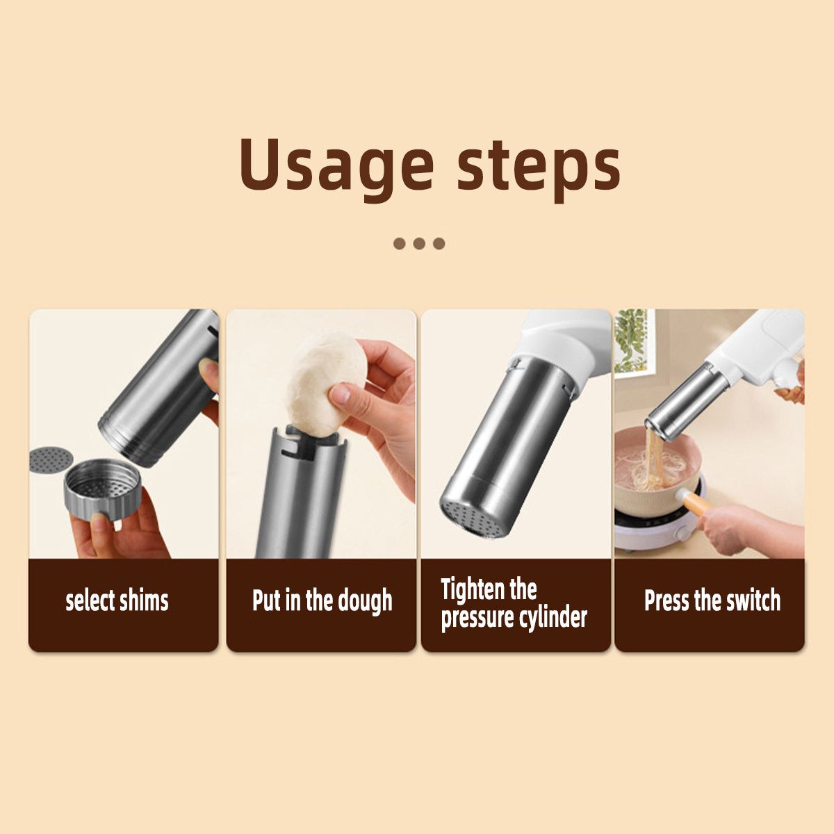 handheld noodle making machine, noodle maker, kitchen appliance, five noodle models, detachable cleaning, V1102-122-WHI-40406