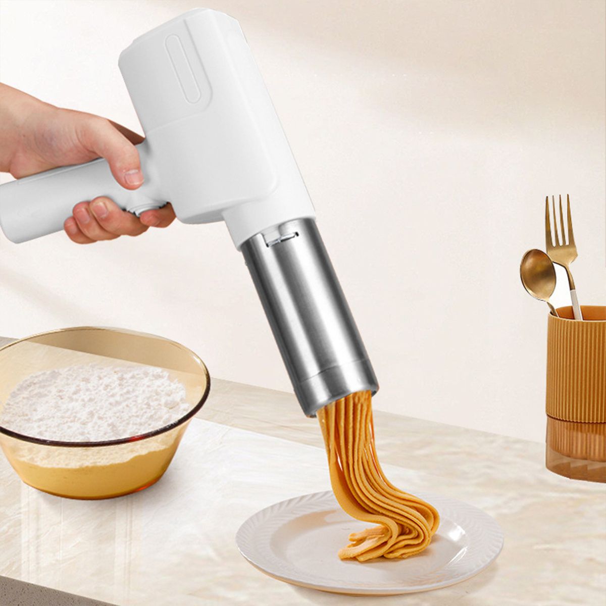 handheld noodle making machine, noodle maker, kitchen appliance, five noodle models, detachable cleaning, V1102-122-WHI-40406