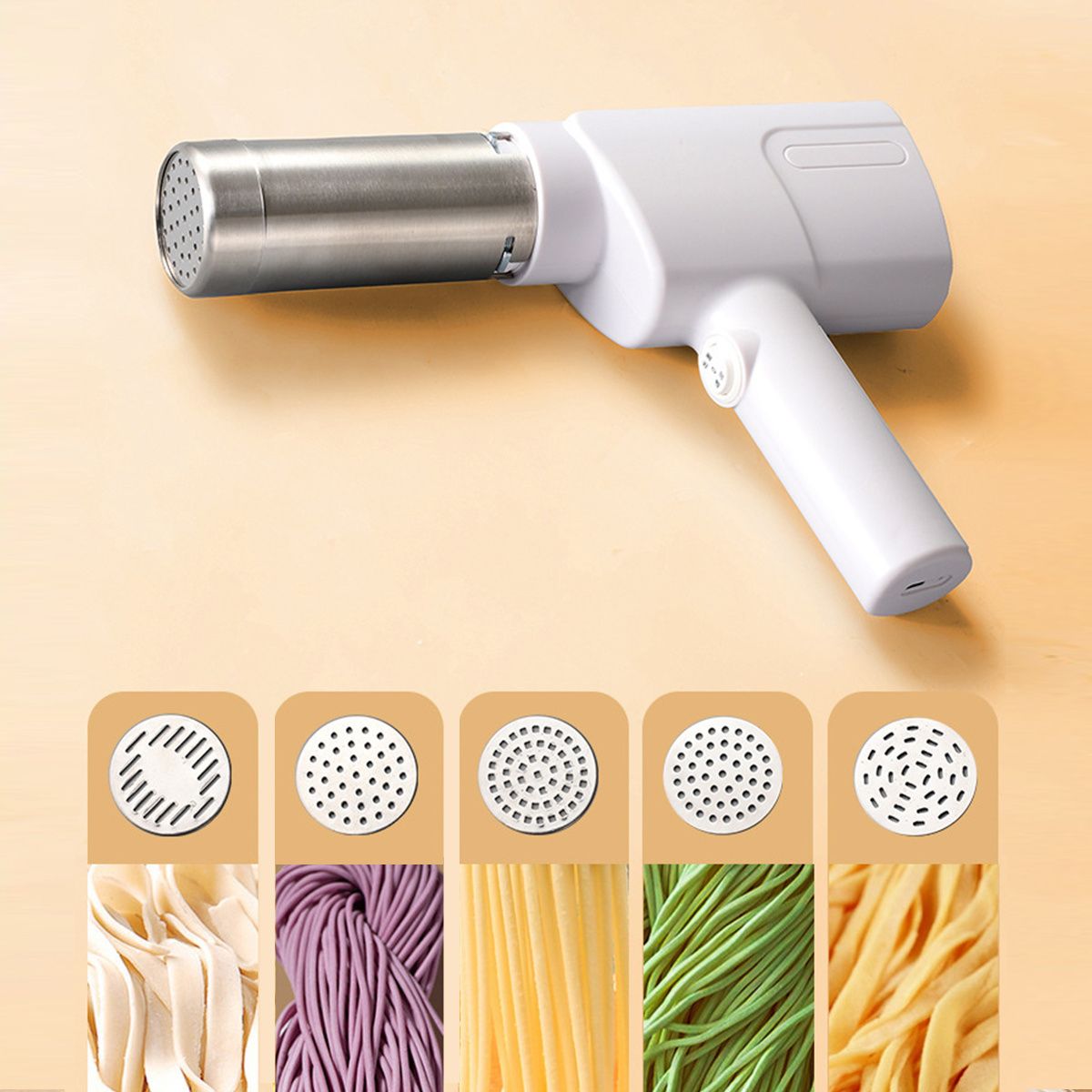 handheld noodle making machine, noodle maker, kitchen appliance, five noodle models, detachable cleaning, V1102-122-WHI-40406