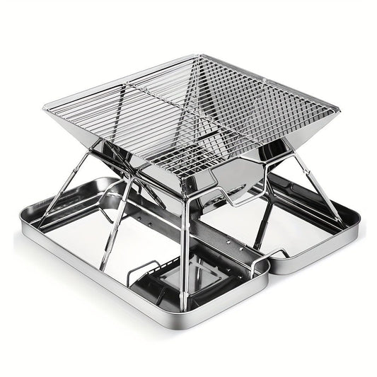 Silver camping grill, foldable grill, stainless steel grill, outdoor grill, portable grill, camping cookware, V1102-132-02794