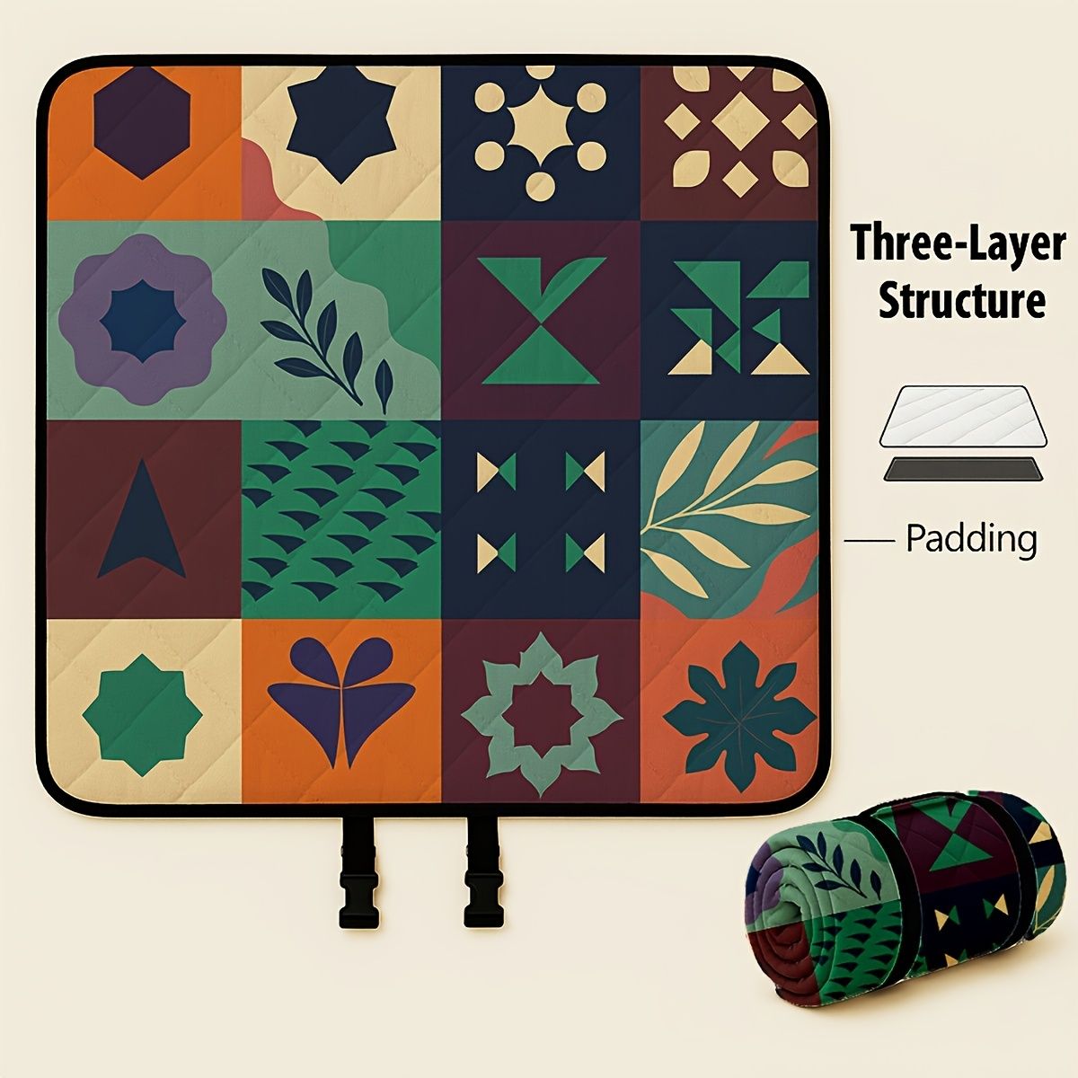 Outdoor Camping Quilted Picnic Mat - Three-Layer Design, Portable & Stylish V1102-132-BLA-83844