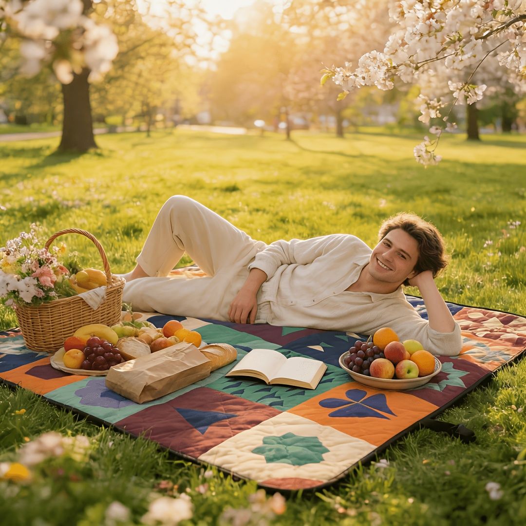 Outdoor Camping Quilted Picnic Mat - Three-Layer Design, Portable & Stylish V1102-132-BLA-83844