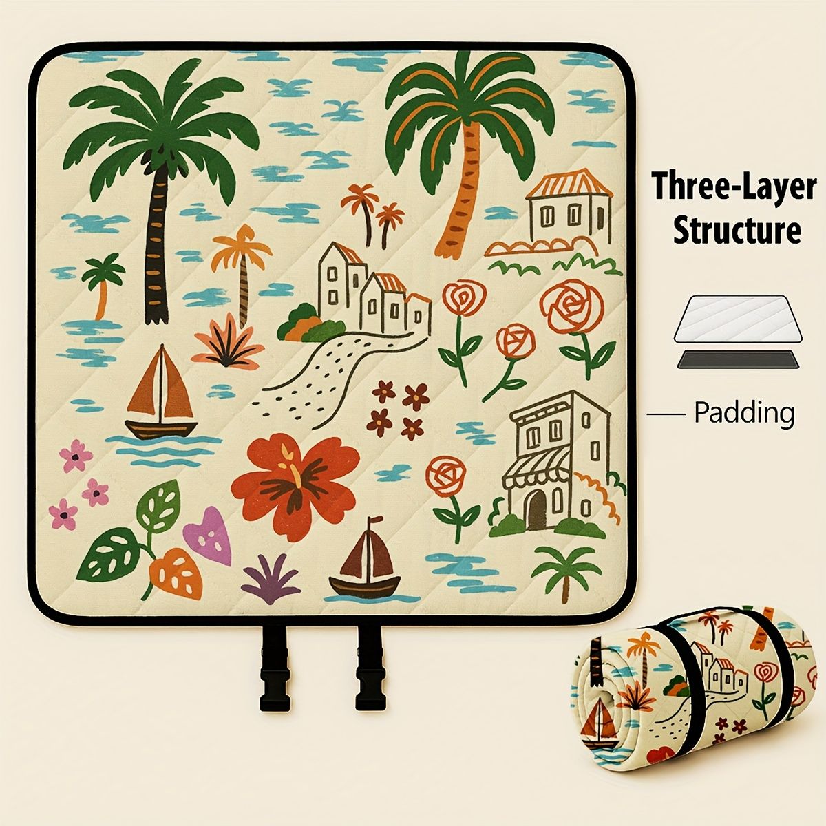 Outdoor Camping Quilted Picnic Mat - Three-Layer Design, Portable & Stylish V1102-132-BLA-83845