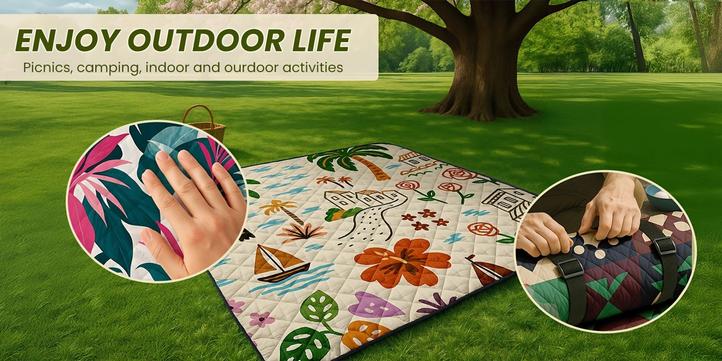 Outdoor Camping Quilted Picnic Mat - Three-Layer Design, Portable & Stylish V1102-132-BLA-83845