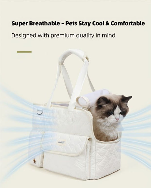 White cat carrier bag, cat transportation, quilted cat carrier, cat travel, pet care, cat supplies, V1102-135-BLA-22778