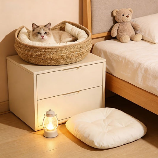 round woven cat bed, cat bed Australia, woven cat bed, cat furniture, cat resting place, cat comfort bed, pet V1102-135-WHI-54361
