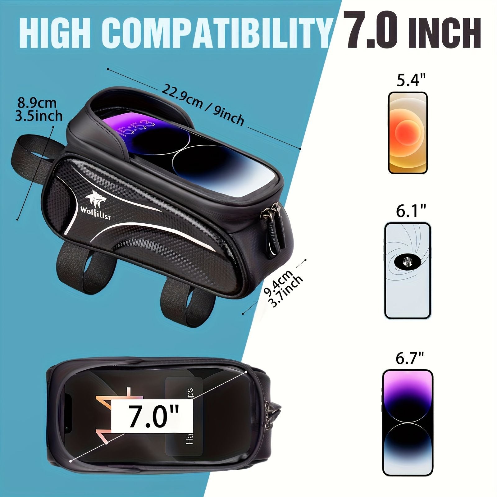 Bicycle Phone Bag for 7-Inch Devices, Durable Bike Accessory V1102-139-BLA-83763