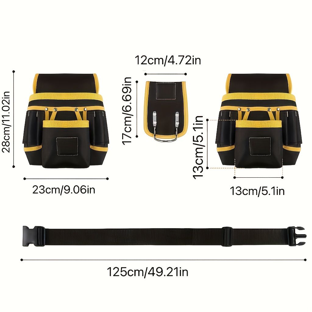Black Yellow tool belt, industrial tools, work safety equipment, multiple pockets, durable tool belt, V1102-144-BLA-27627