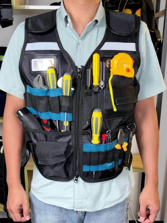 tool vest, multi pocket vest, industrial tool vest, work safety vest, tool storage vest, breathable work V1102-144-BLA-68377