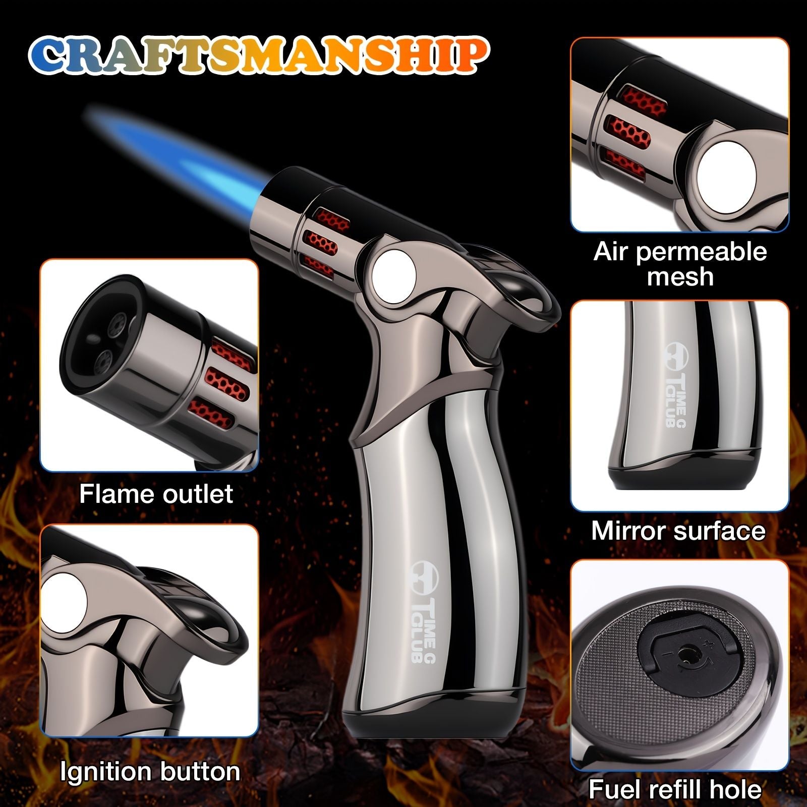 butane torch lighter, refillable torch lighter, air-permeable mesh lighter, mirror finish lighter, V1102-145-BLA-33420
