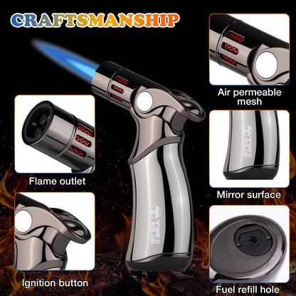 butane torch lighter, refillable torch lighter, air-permeable mesh lighter, mirror finish lighter, V1102-145-BLA-33420