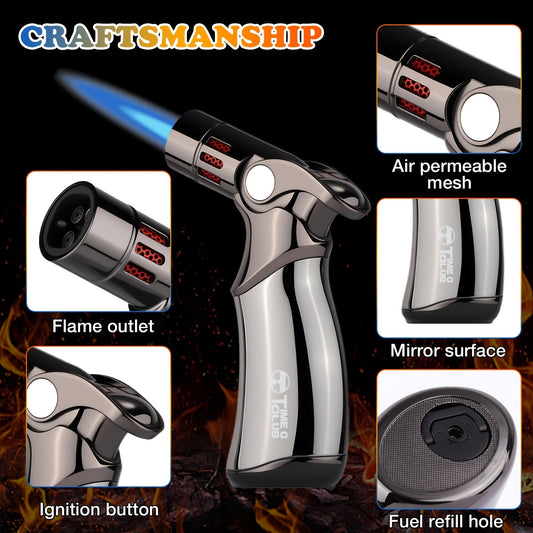 butane torch lighter, refillable torch lighter, air-permeable mesh lighter, mirror finish lighter, V1102-145-BLA-33420