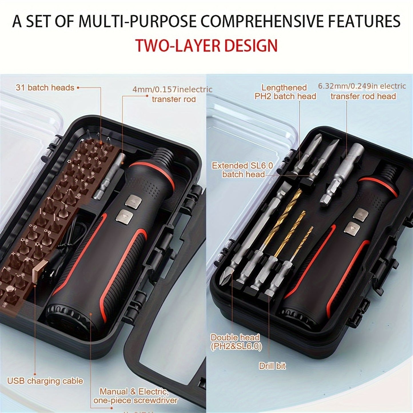 41-in-1 electric screwdriver, rechargeable screwdriver, multi-functional tool set, DIY tools, professional V1102-147-BLA-04074