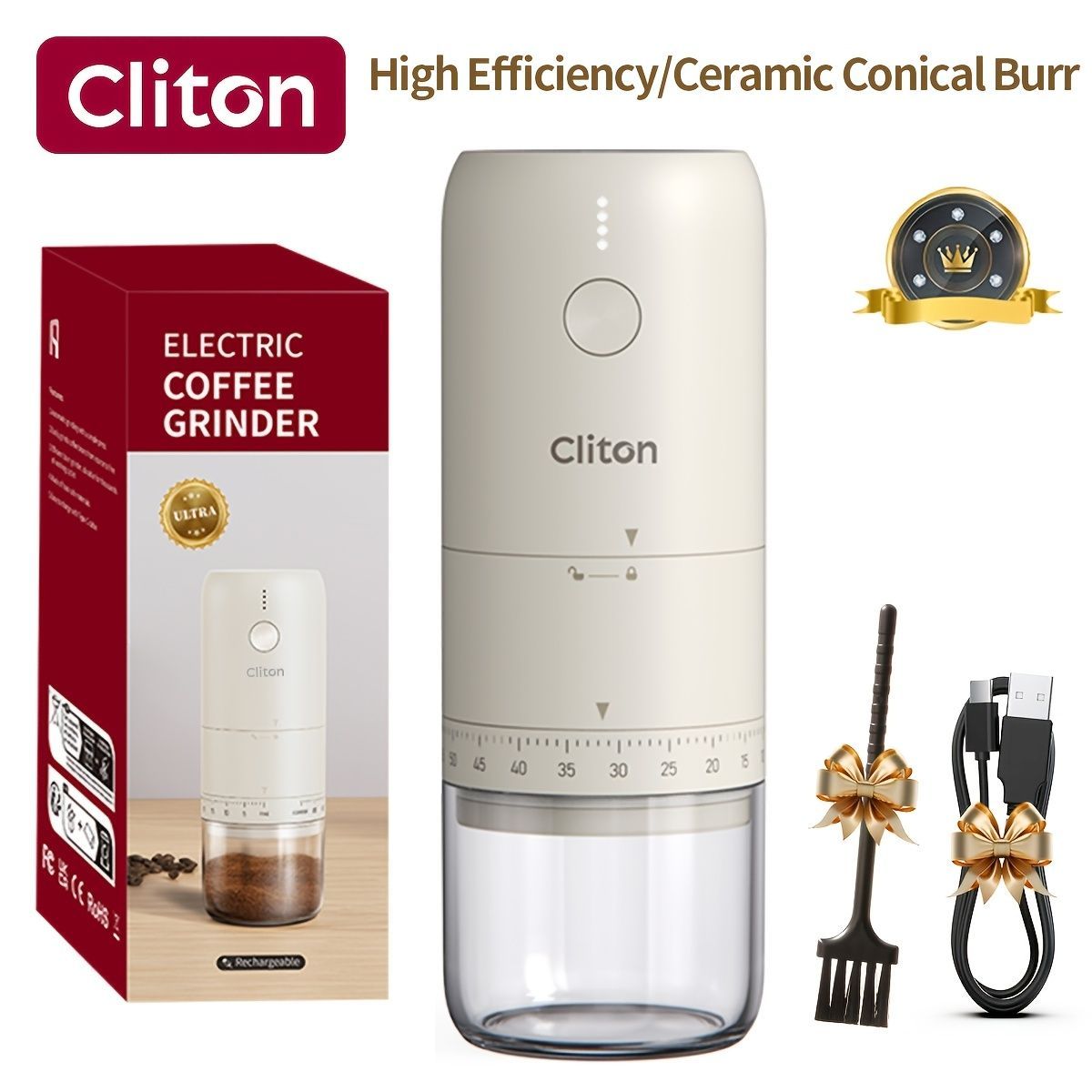 electric coffee grinder, Cliton coffee grinder, ceramic conical burr, portable coffee grinder, rechargeable coffee grinder, espresso coffee grinder, pour-over coffee grinder, Australia coffee grinder - Black - Size set