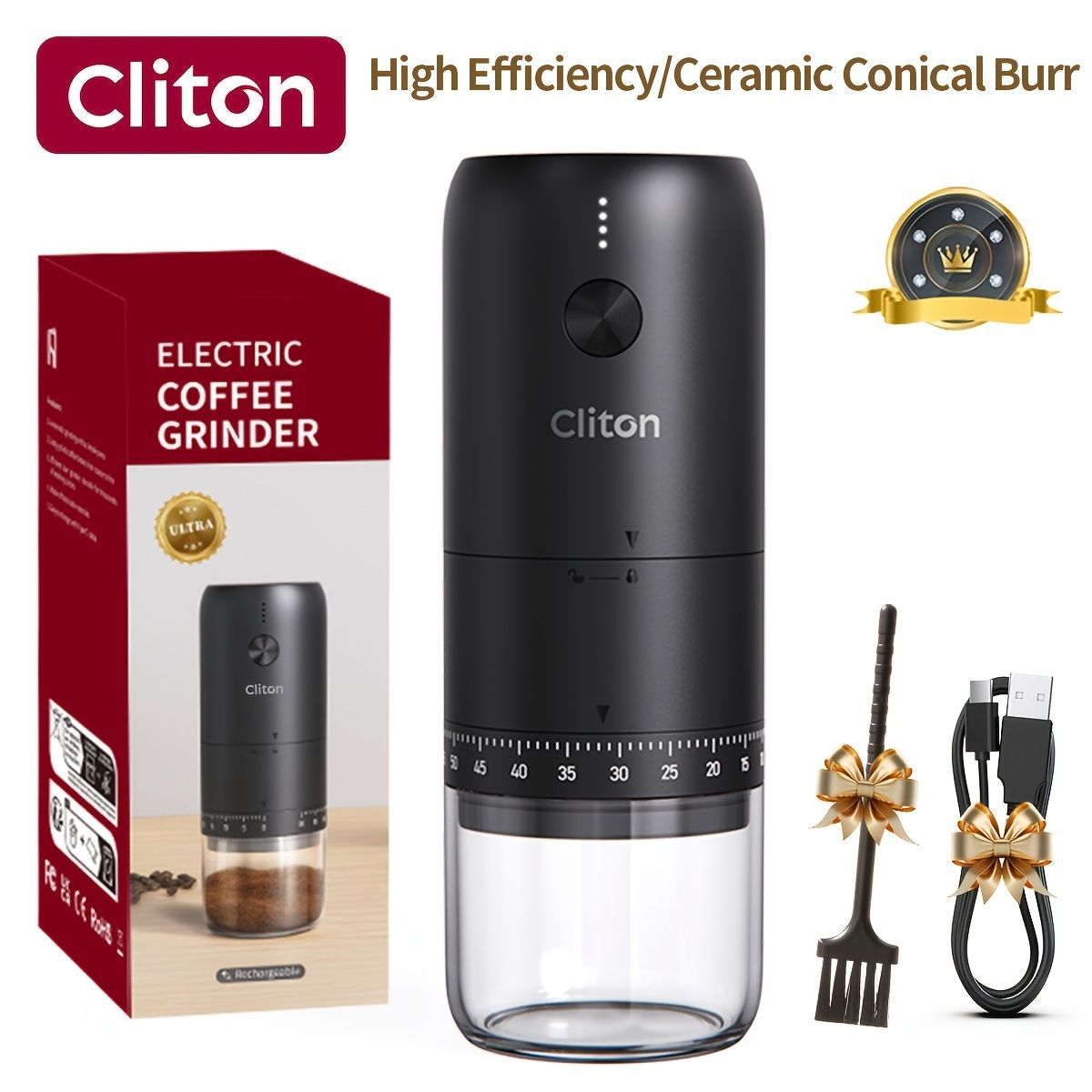 electric coffee grinder, Cliton coffee grinder, ceramic conical burr, portable coffee grinder, rechargeable coffee grinder, espresso coffee grinder, pour-over coffee grinder, Australia coffee grinder - White - Size set