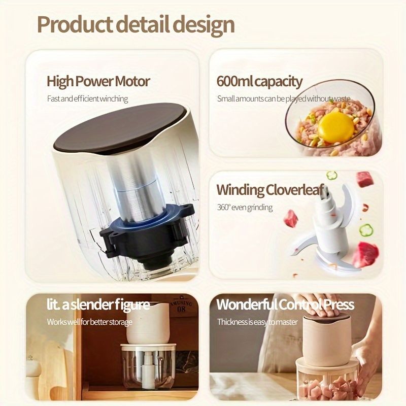 wireless meat grinder, USB charging meat grinder, 600ml food processor, multifunctional kitchen appliance, mincer, juicer, ice crusher, cordless blender, home electric food processor, Australian kitchen tool - Beige - Size 600ml