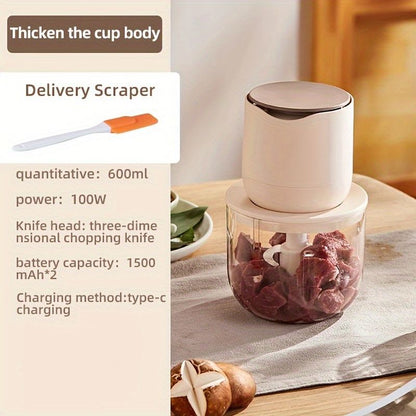 wireless meat grinder, USB charging meat grinder, 600ml food processor, multifunctional kitchen appliance, mincer, juicer, ice crusher, cordless blender, home electric food processor, Australian kitchen tool - Beige - Size 600ml