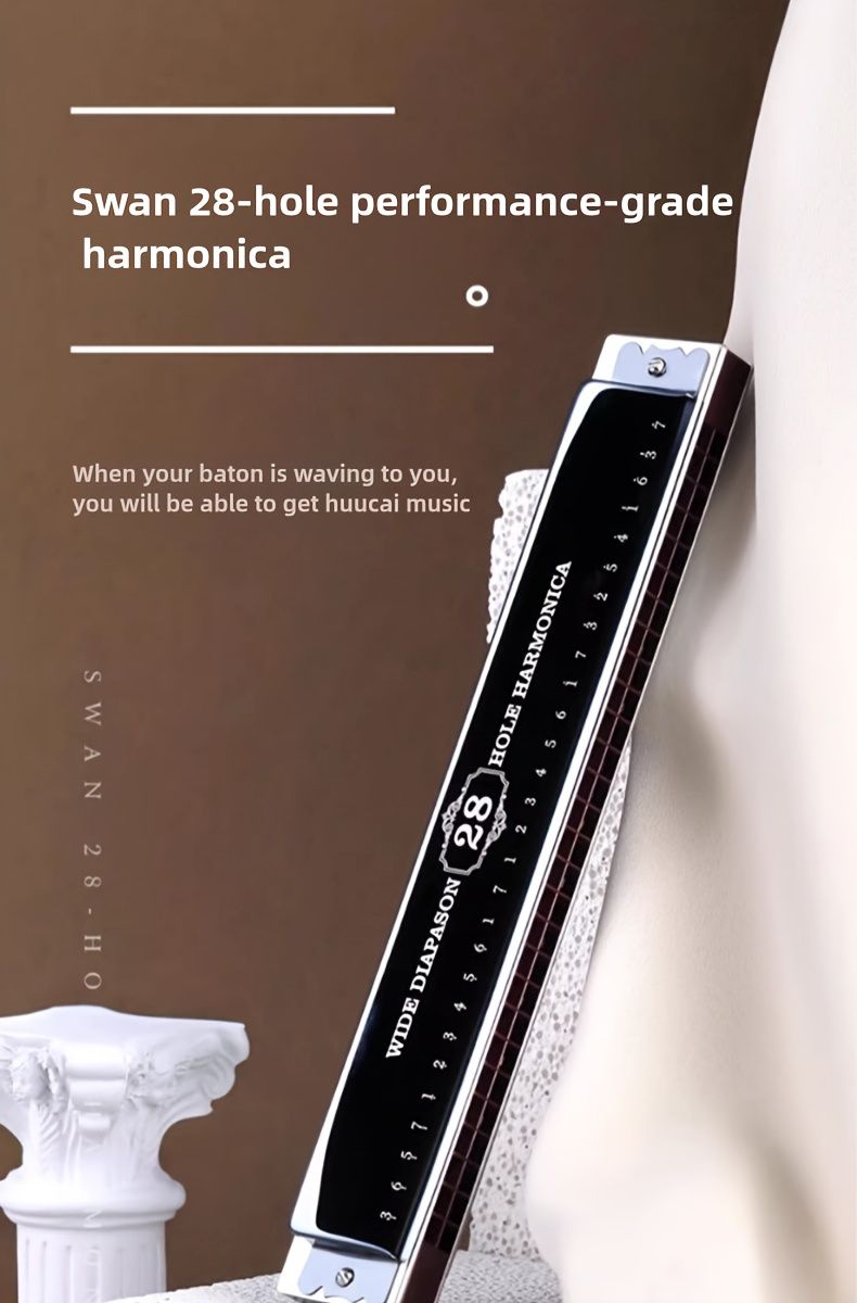 Black 28-hole harmonica, double-row harmonica, professional harmonica, diatonic harmonica, music accessory, V1102-778-BLA-28573