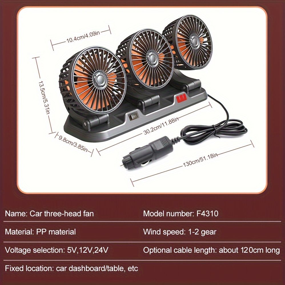 3-Head Car Circulating Fan with Multi-Directional Airflow V1102-800-BLA-11523