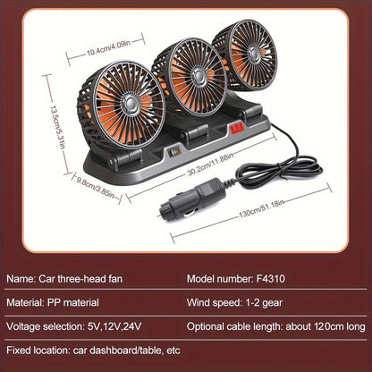 3-Head Car Circulating Fan with Multi-Directional Airflow V1102-800-BLA-11523