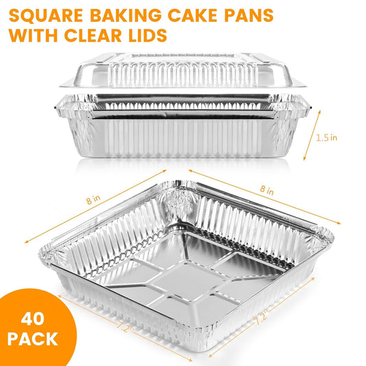 40 Pack 8x8 Inch (Approx. 20.3 x 20.3 cm) Aluminum Pans with Clear Plastic Lids - Square Baking Cake Pans - V1102-8X8-ALU-40PC-LID