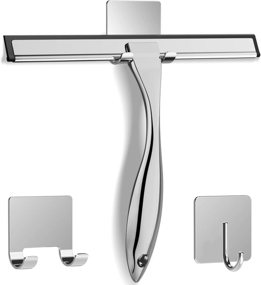 Multipurpose Stainless Steel Shower Scraper for Shower Glass Door with 2 Adhesive Hooks, Bathroom Cleaning V1102-B0BZZDPPRX