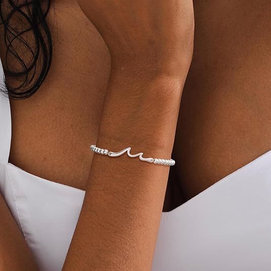 Women's Silver Bracelet, Silver Elastic Beaded Bracelet, Handmade Ball Accent Bracelet, Elegant Silver V1102-B0D5TSDTP4