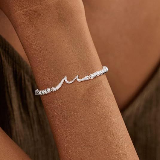 Women's Silver Bracelet, Silver Elastic Beaded Bracelet, Handmade Ball Accent Bracelet, Elegant Silver V1102-B0D5TSDTP4