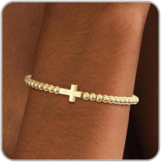 Women's Gold Bracelet 14K Gold Plated Beaded Bracelet Gold Stretch Beaded Bracelet Handmade Ball Bracelet V1102-B0D5TZNMQ4