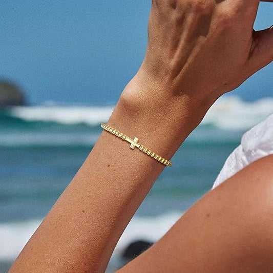 Women's Gold Bracelet 14K Gold Plated Beaded Bracelet Gold Stretch Beaded Bracelet Handmade Ball Bracelet V1102-B0D5TZNMQ4