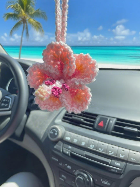 Hibiscus Car Ornaments, Crochet Hawaiian Tropical Flower Bag Charms Decoration Car Mirror Beach Accessories V1102-B0DXRFJDMZ