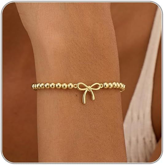 Women's Gold Bracelet 14K Gold Plated Beaded Bracelet Gold Stretch Beaded Bracelet Handmade Ball Bracelet V1102-B0F5WQH99N