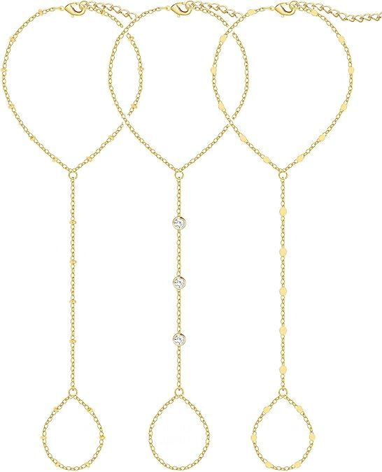 3PCS 14K Gold-Plated Hand Chain Bracelets for Women, Stack Bracelets Set Adjustable, Trendy Dainty Ring V1102-B0FD38Q4DJ